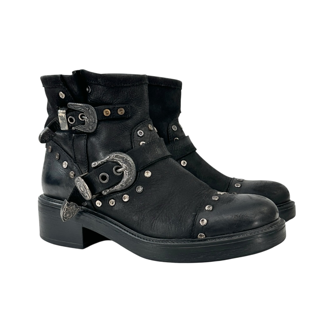 Italian Vintage Black Leather Studded Double Buckle Strap Biker Boots Booties